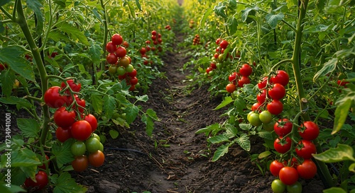 Ripe tomatoes growing in a row in a greenhouse agricultural concept