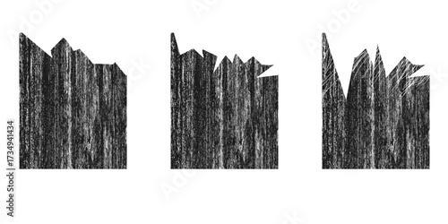 Three abstract black and white illustrations of jagged, vertical lines resembling a broken fence or abstract mountain peaks.