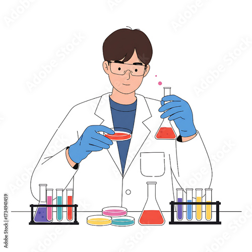 Scientist in Lab Conducting Experiments with Test Tubes and Petri Dishes