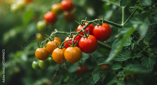 Ripe tomatoes on vine in sunlight close up view for food concept