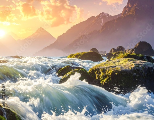 Majestic Mountain Landscape Featuring Rushing River and Golden Sunset