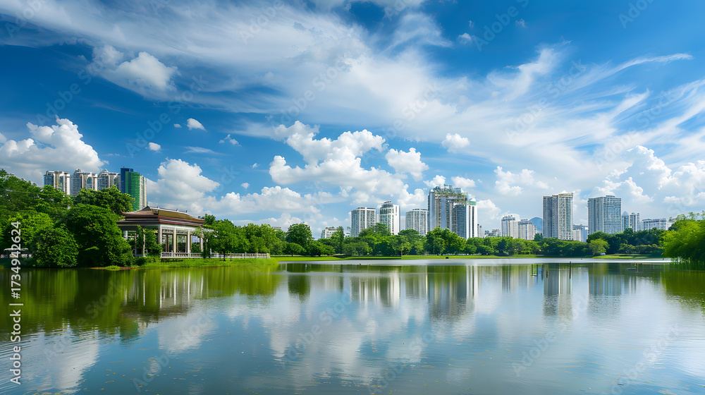 Fototapeta premium City park with lake and skyline