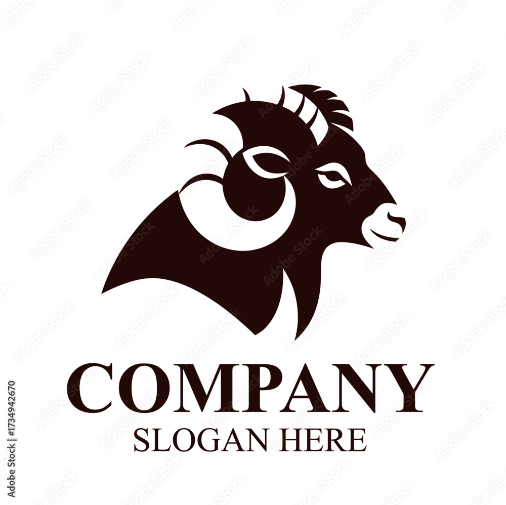 Fototapeta premium A black silhouette logo of a ram's head with large curved horns, above placeholder text for a company name and slogan.