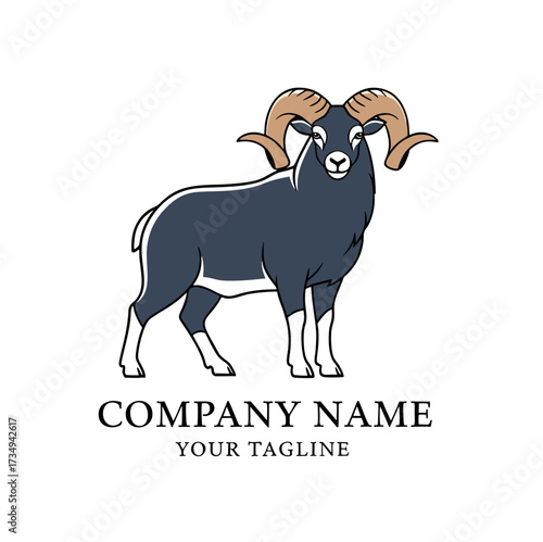 Detailed illustration of a majestic dark blue ram with large curved horns, standing prominently above placeholder text for a company logo.