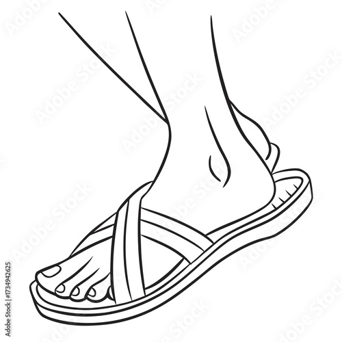 A minimalist line art illustration of a human foot wearing a simple crisscross strap sandal on a clean white background