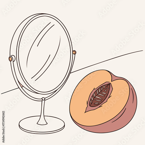 A simple illustration of a halved peach with its pit visible sits next to a round tabletop mirror on a plain background