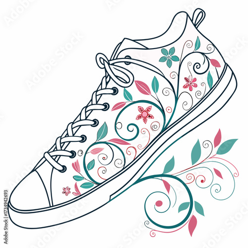 A stylish canvas sneaker adorned with delicate floral patterns and swirling vines in shades of teal and pink against a clean white background