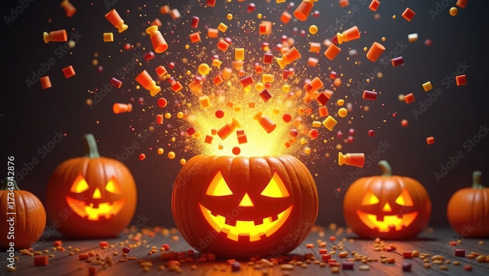 Fototapeta premium Candy Explosion Bursting from Jack-O-Lantern for Halloween Party Banner