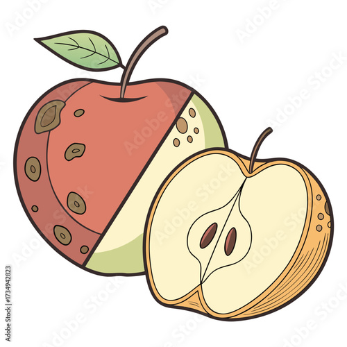 A whole red and green apple with brown spots and blemishes next to a halved apple showing its seeds and core on a white background