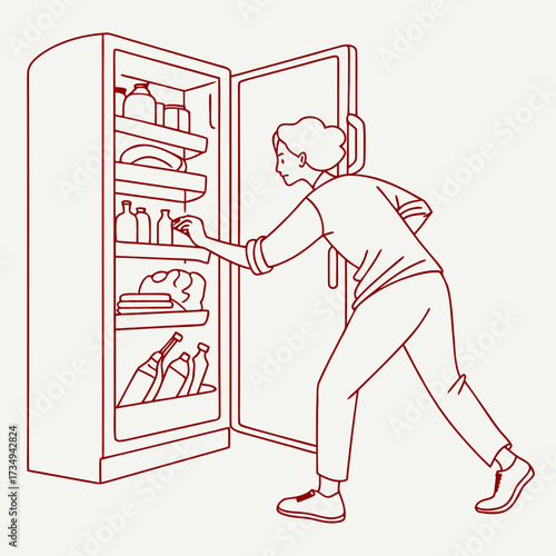A young woman with her hair tied back reaches into an open refrigerator filled with food and drinks looking for something to eat or drink