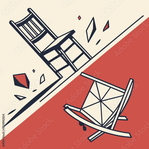 Abstract illustration of two chairs one upright and one overturned with geometric shapes scattered across a split background of cream and red