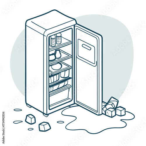 An open refrigerator with shelves filled with food containers and bottles and ice cubes melting on the floor next to a puddle of water