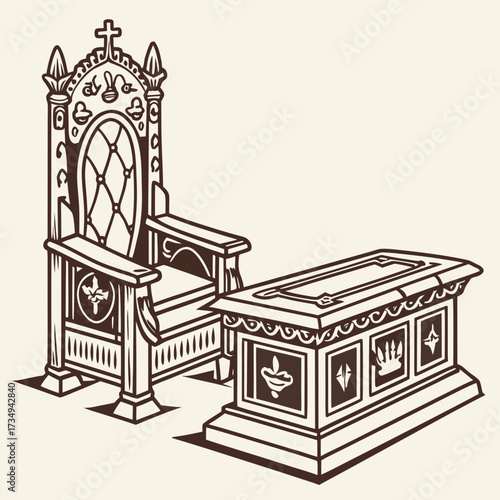 An ornate regal throne chair and a decorative carved stone sarcophagus or chest with royal symbols presented in a detailed line art illustration against a neutral background
