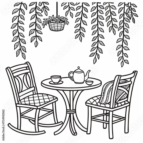 Charming outdoor cafe scene with two chairs and a table set for tea adorned with hanging vines and a potted plant rendered in a delightful black and white line art style