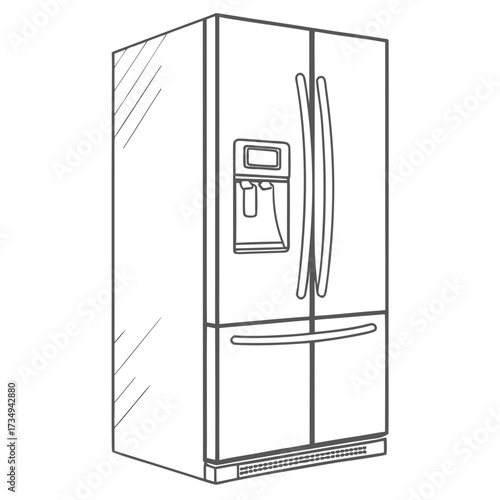 Modern french door refrigerator with ice and water dispenser and sleek curved handles rendered in a clean line art style on a white background