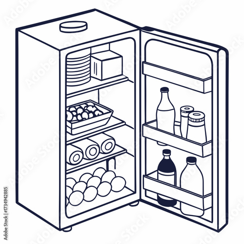 Open refrigerator filled with food items including bottles of drinks eggs rolled food a dish of round food stacked plates and a box on shelves presented in a clean line art style illustration