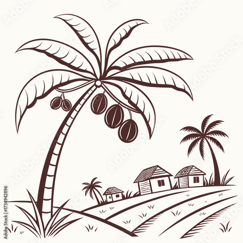 Stylized illustration of a tropical landscape with a large palm tree bearing fruit several small houses and cultivated fields under a clear sky