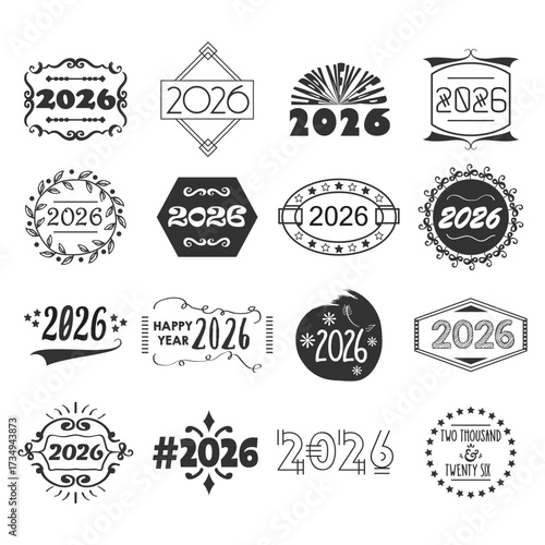 Black ink assorted isolated year 2026 creative design emblems banners and motifs icons set on white background