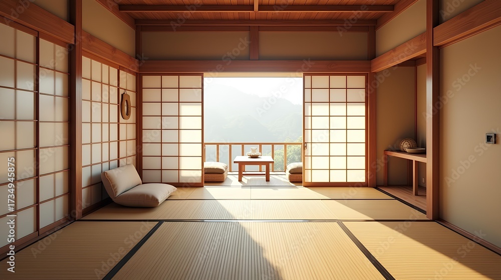 Fototapeta premium Traditional Japanese Tatami Room with Shoji Doors and Mountain View