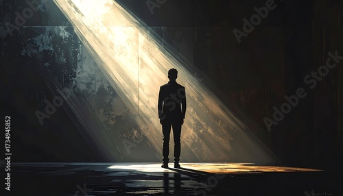 Man Standing Silhouetted in a Beam of Light, Artistic Illustration