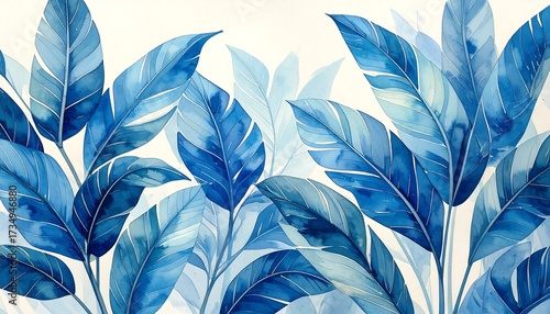 Vibrant blue tropical leaves on a cream background
