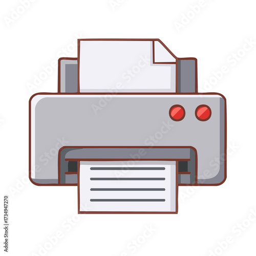 Cartoon office printer producing document with paper input and output
