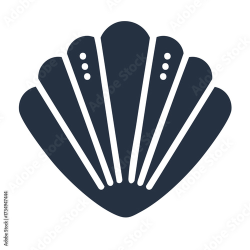 Stylized dark blue scallop shell icon representing ocean marine life and summer