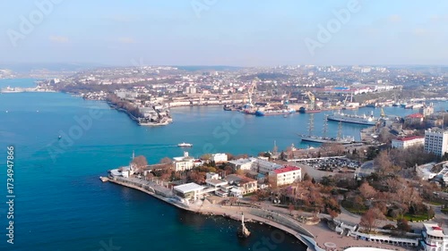 Aerial view flying over sevastopol bay crimea. Media