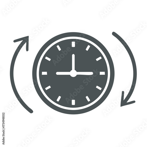 Circular arrow around a dark gray clock face icon with white hands and markers symbolizing time and repetition