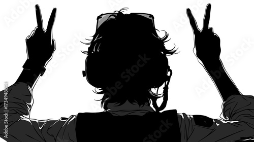 Backlit silhouette of a person wearing a headset, showing double peace signs. A powerful symbol of victory, success, and optimism.