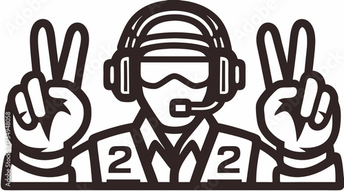 Monochrome vector illustration of a person wearing a headset with a microphone, making peace signs with both hands, symbolizing victory or support.