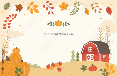 Fall farm illustration with pumpkins, apples, red barn, autumn leaves, and hills. Seasonal template with background space