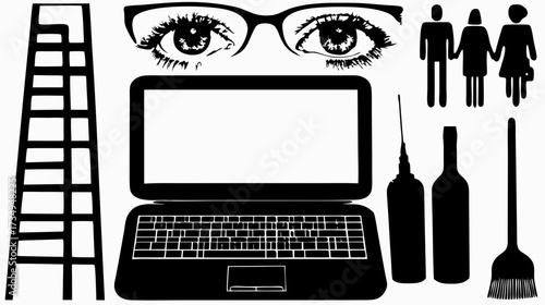 Diverse black silhouette icons collection: ladder, eyeglasses, people, laptop, bottles, and broom on white background.
