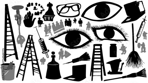 Abstract black and white vector icons and silhouettes set. Diverse graphic collection with objects, tools, people, eyes, and ladders.