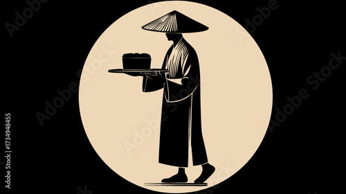 Traditional Asian figure in a conical hat carrying a food tray, depicted in a stylized monochrome illustration for cultural and culinary themes.
