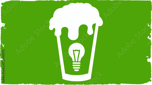 Innovative beverage concept icon with lightbulb in frothy glass on grunge green background. Drink inspiration, creative solution.