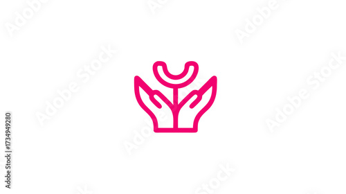 Pink outline icon of hands holding a sprouting plant, symbolizing growth, care, nature, sustainable development, and eco-friendly support.