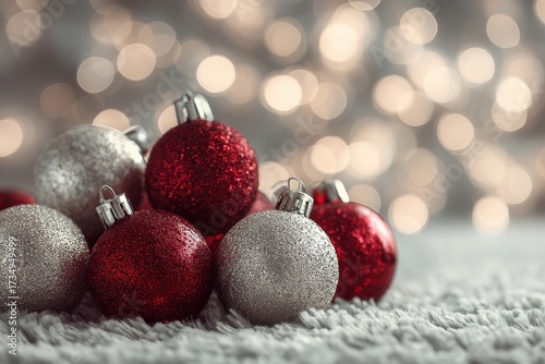 Festive Red and Silver Christmas Ornaments with Soft Bokeh Lights.