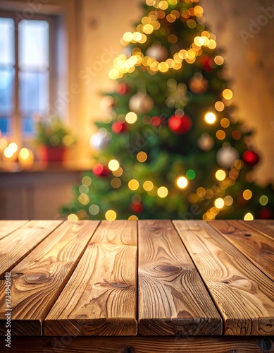 Wooden Table with Blurred Christmas Tree Lights. Portrait Background Cozy wooden table with blurred glowing Christmas tree lights in the background.