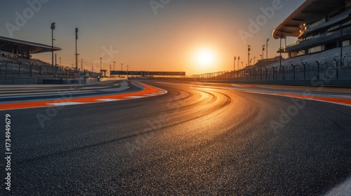 Race track sunset scene with asphalt road and vivid sky background