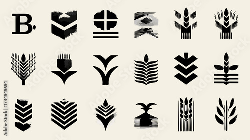 Stylized agricultural icons set, vector symbols of wheat, grain, organic crops, abstract nature elements, minimalist black and white design assets