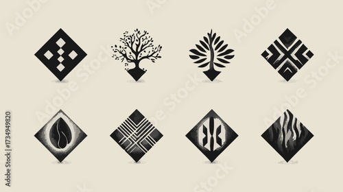 Collection of modern abstract vector icons, featuring minimalist geometric patterns, nature-inspired symbols, and organic shapes for branding.