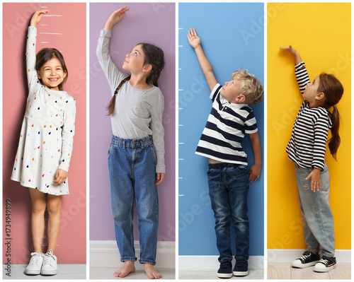 Cute children measuring their heights near colorful walls, collage of portraits