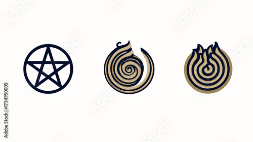 Esoteric vector symbols set: pentagram, stylized sacred flame, and abstract spiritual icon designs for design elements