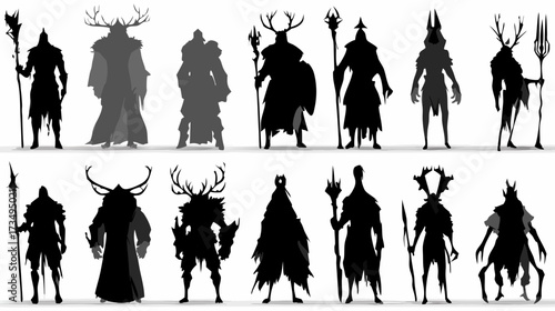 Fantasy character silhouettes, mythical forest warriors with antlers, magical beings, concept art assets for game design and illustration