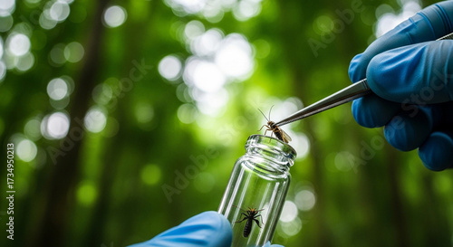 Close-up of gloved hand using tweezers to collect insect into glass vial, blurred green forest background