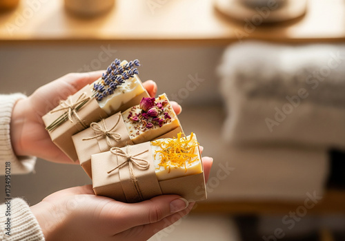 Handmade soap gift set wrapped in kraft paper with dried lavender, rose, and calendula flowers