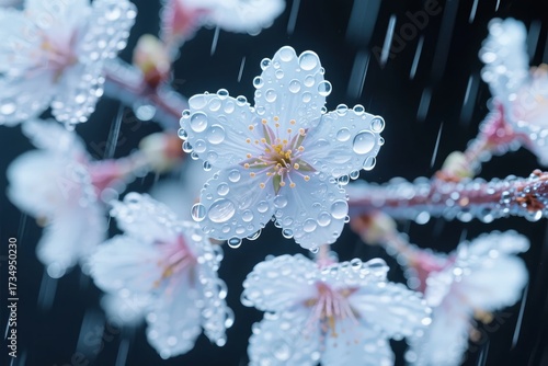 Cherry blossoms with raindrops on petals during rainfall