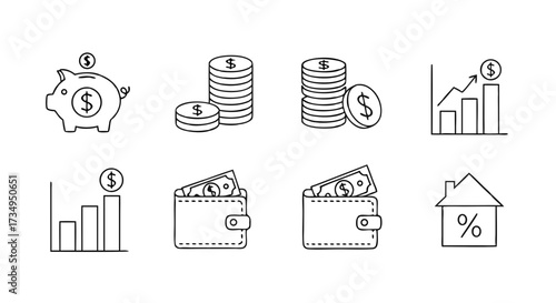 Personal Finance and Investment Line Icon Set. A collection of minimalist outline symbols for savings, budget, wealth growth, and banking