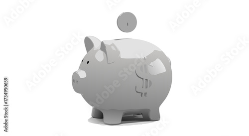 Realistic 3D Piggy Bank with Coin. A photorealistic render of a shiny ceramic money box for savings and investment concepts.